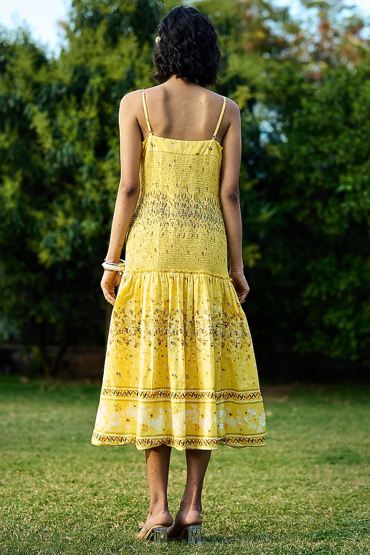 Bright Yellow Cotton & Poplin Printed Spaghetti Summer Dress by Verb by Pallavi Singhee at Pernia's Pop Up Shop