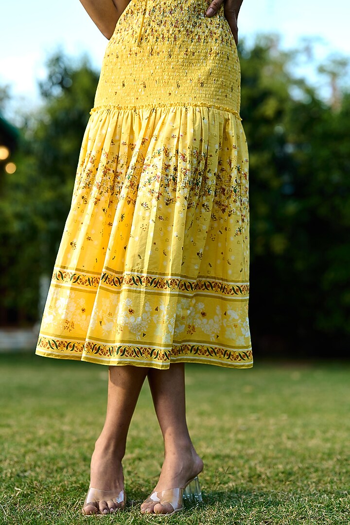 Bright Yellow Cotton & Poplin Printed Spaghetti Summer Dress by Verb by Pallavi Singhee at Pernia's Pop Up Shop