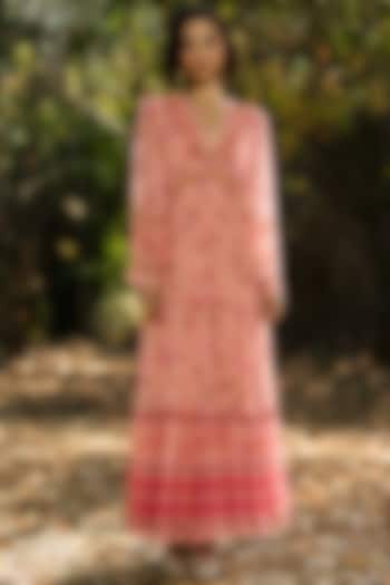 Peach & Pink Viscose Georgette Embroidered Tiered Maxi Vacation Dress by Verb by Pallavi Singhee at Pernia's Pop Up Shop