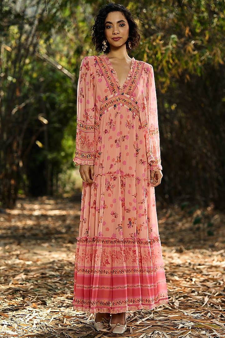 Peach & Pink Viscose Georgette Embroidered Tiered Maxi Vacation Dress by Verb by Pallavi Singhee at Pernia's Pop Up Shop