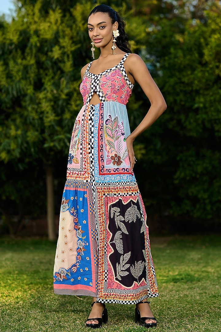 Multi-Colored Checkish Voil Color Blocked Maxi Vacation Dress by Verb by Pallavi Singhee at Pernia's Pop Up Shop