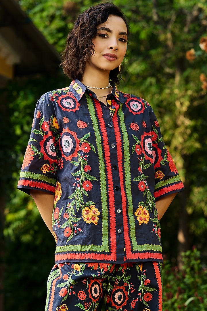Black Cotton Embroidered Shirt by Verb by Pallavi Singhee at Pernia's Pop Up Shop