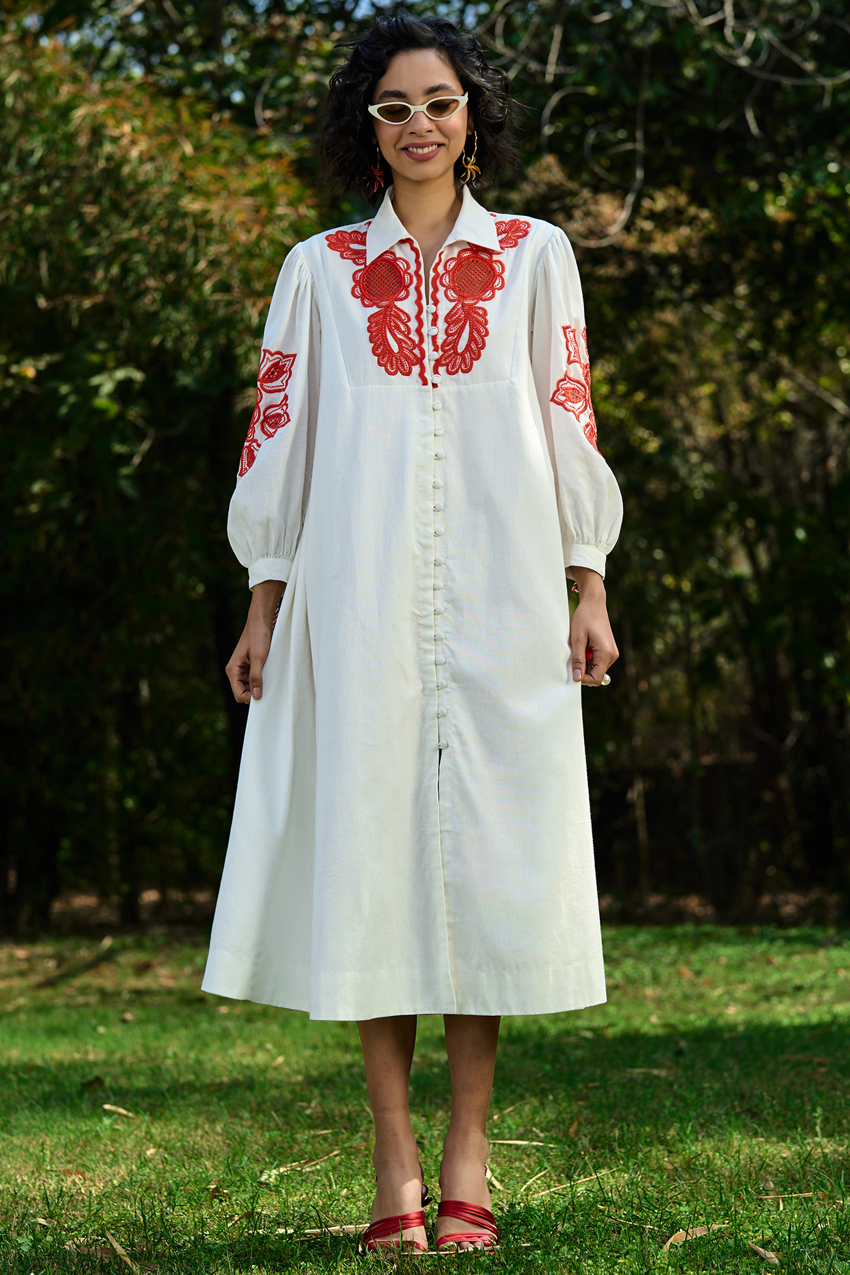 Ivory Cotton Embroidered Midi Dress by Verb by Pallavi Singhee at Pernia's Pop Up Shop