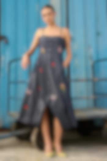 Denim Blue Chambray Butterfly Embroidered Midi Vacation Dress by Verb by Pallavi Singhee at Pernia's Pop Up Shop