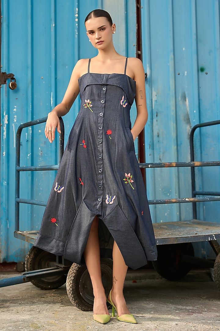 Denim Blue Chambray Butterfly Embroidered Midi Vacation Dress by Verb by Pallavi Singhee at Pernia's Pop Up Shop