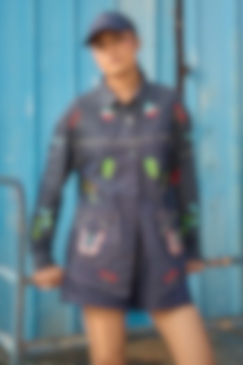 Dark Blue Chambray Embroidered Button-Down Jacket by Verb by Pallavi Singhee at Pernia's Pop Up Shop