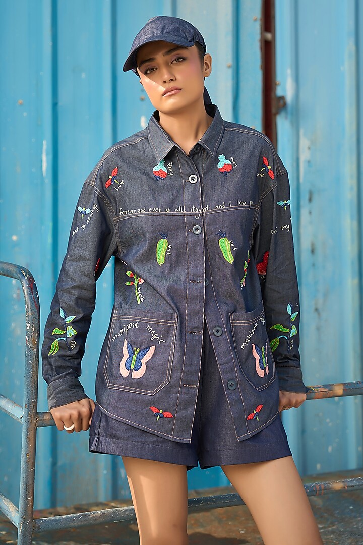 Dark Blue Chambray Embroidered Button-Down Jacket by Verb by Pallavi Singhee at Pernia's Pop Up Shop