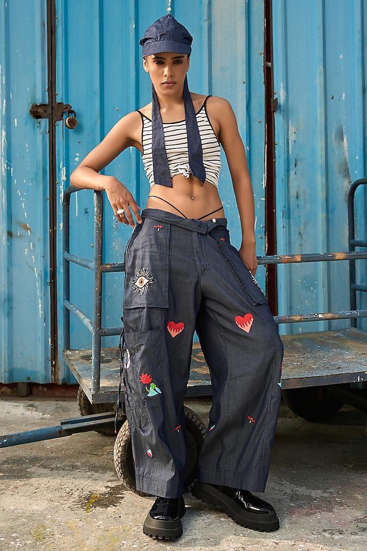 Dark Blue Chambray Cargo Pants by Verb by Pallavi Singhee at Pernia's Pop Up Shop