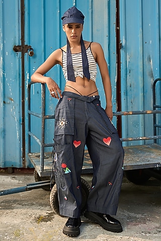 Dark Blue Chambray Cargo Pants by Verb by Pallavi Singhee