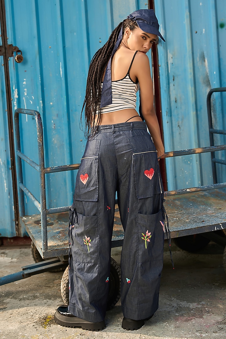 Dark Blue Chambray Cargo Pants by Verb by Pallavi Singhee at Pernia's Pop Up Shop