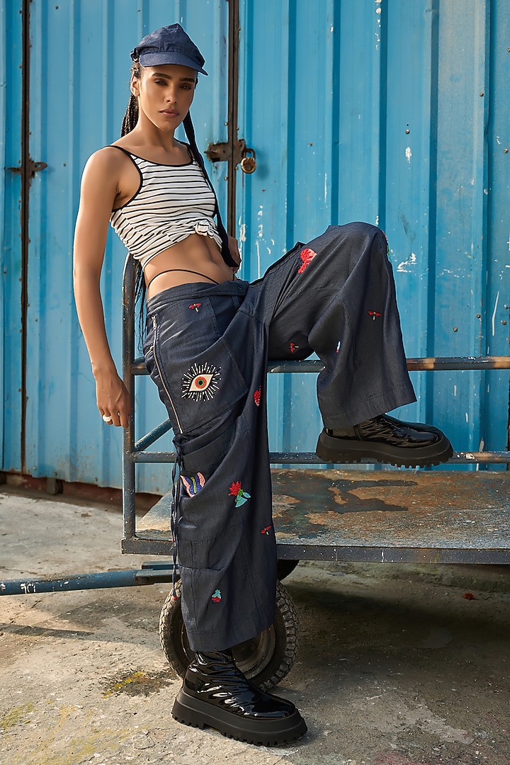Dark Blue Chambray Cargo Pants by Verb by Pallavi Singhee at Pernia's Pop Up Shop