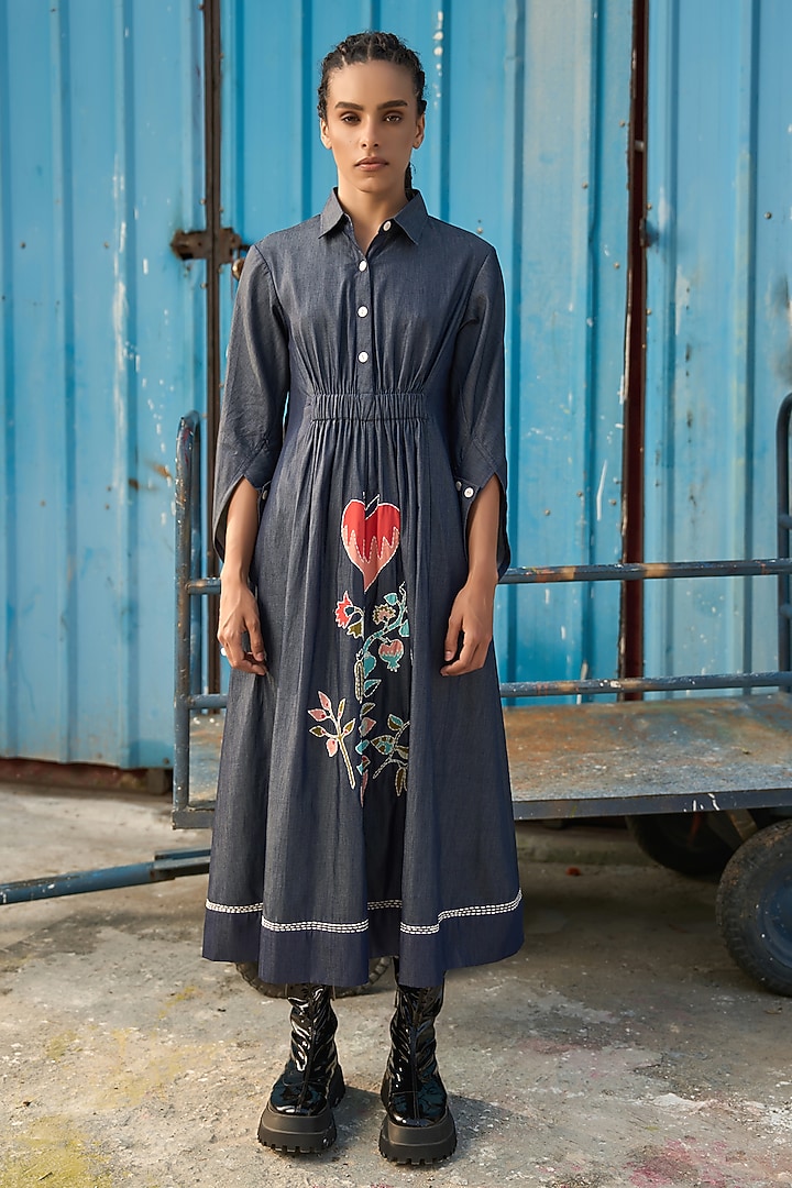 Denim Blue Chambray Ruched Midi Summer Shirt Dress by Verb by Pallavi Singhee at Pernia's Pop Up Shop