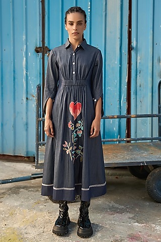 Denim Blue Chambray Ruched Midi Shirt Dress by Verb by Pallavi Singhee