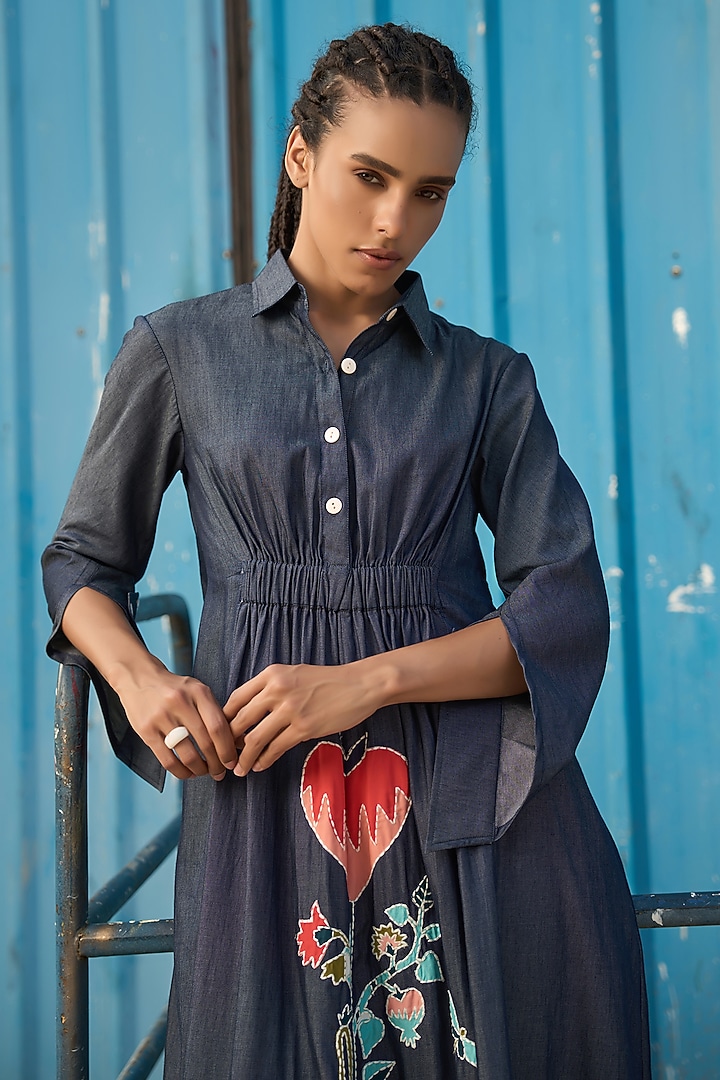 Denim Blue Chambray Ruched Midi Summer Shirt Dress by Verb by Pallavi Singhee at Pernia's Pop Up Shop