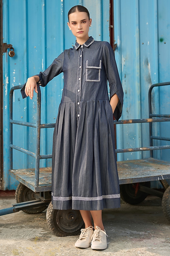 Denim Blue Chambray Button-Down Midi Summer Dress by Verb by Pallavi Singhee at Pernia's Pop Up Shop