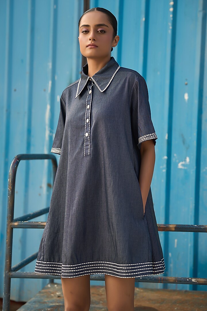 Denim Blue Chambray A-Line Mini Summer Dress by Verb by Pallavi Singhee at Pernia's Pop Up Shop
