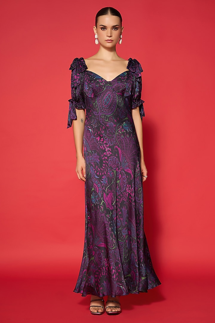 Purple Modal Satin Printed Gown by Verb by Pallavi Singhee at Pernia's Pop Up Shop