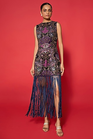 Purple Velvet Sequins Embellished Maxi Dress by Verb by Pallavi Singhee