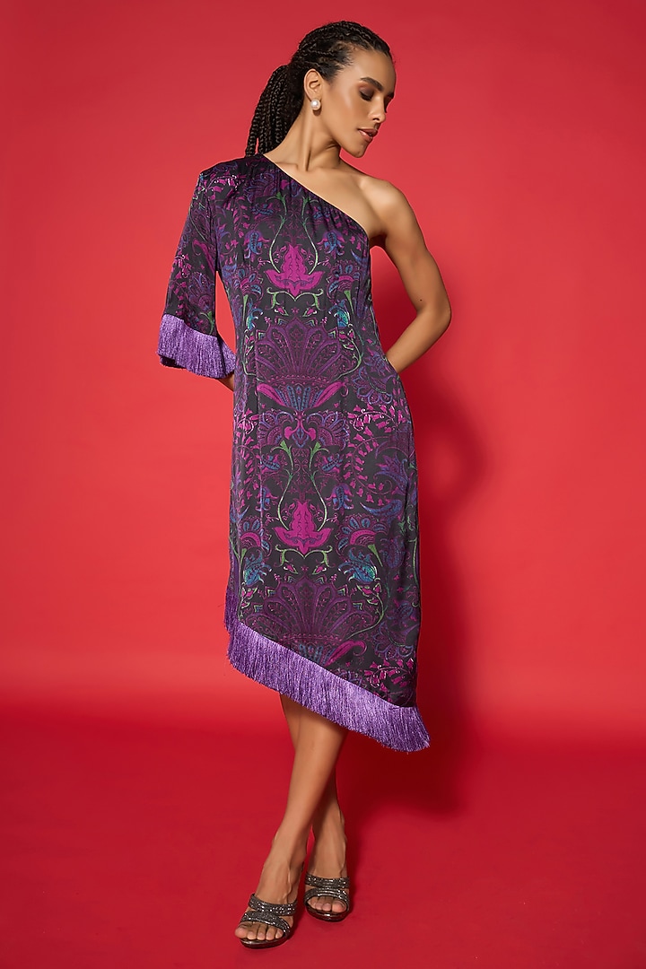 Purple Modal Satin Bohemian Printed Asymmetric Summer Dress by Verb by Pallavi Singhee at Pernia's Pop Up Shop