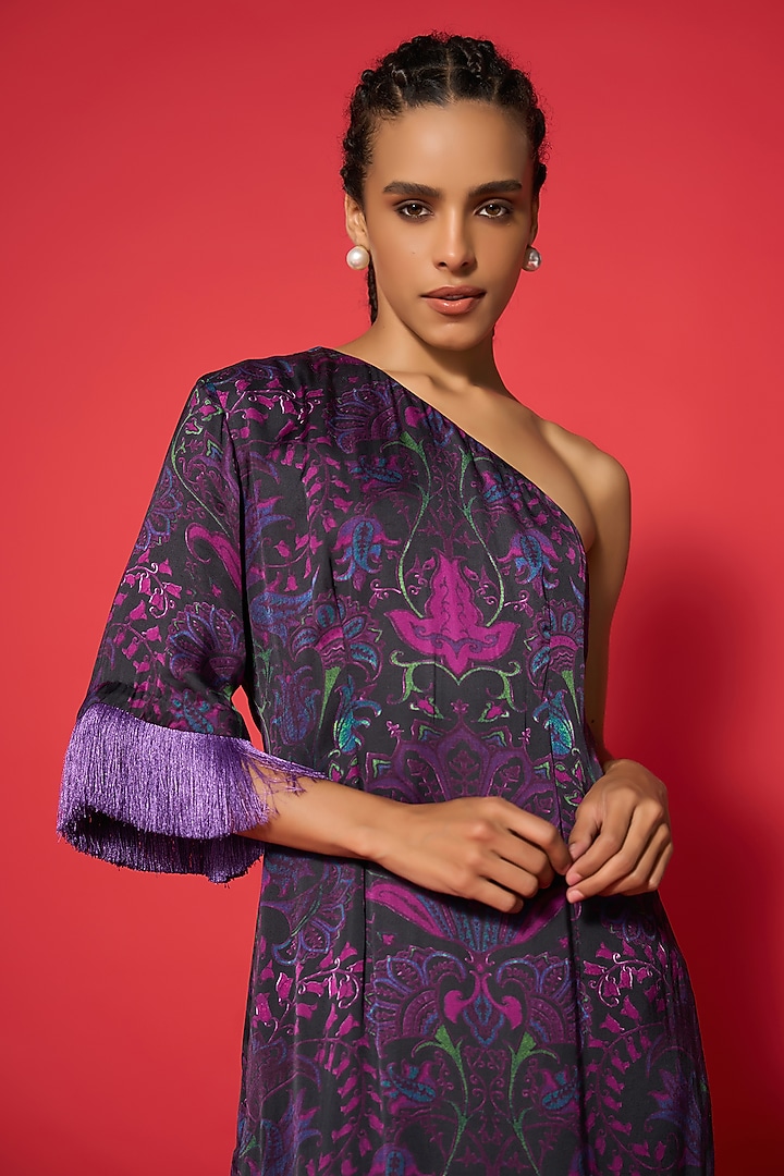 Purple Modal Satin Bohemian Printed Asymmetric Summer Dress by Verb by Pallavi Singhee at Pernia's Pop Up Shop