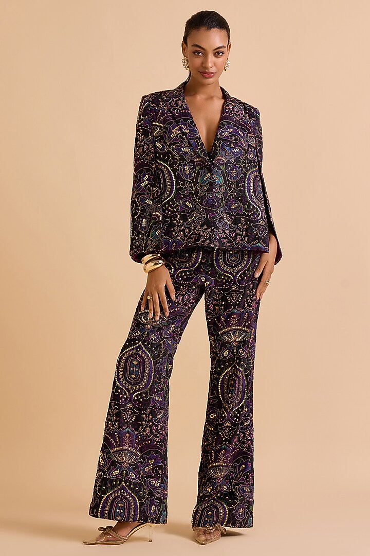 Purple Velvet Sequins Wide-Leg Pants by Verb by Pallavi Singhee at Pernia's Pop Up Shop