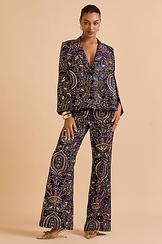 Purple Velvet Sequins Wide-Leg Pants by Verb by Pallavi Singhee