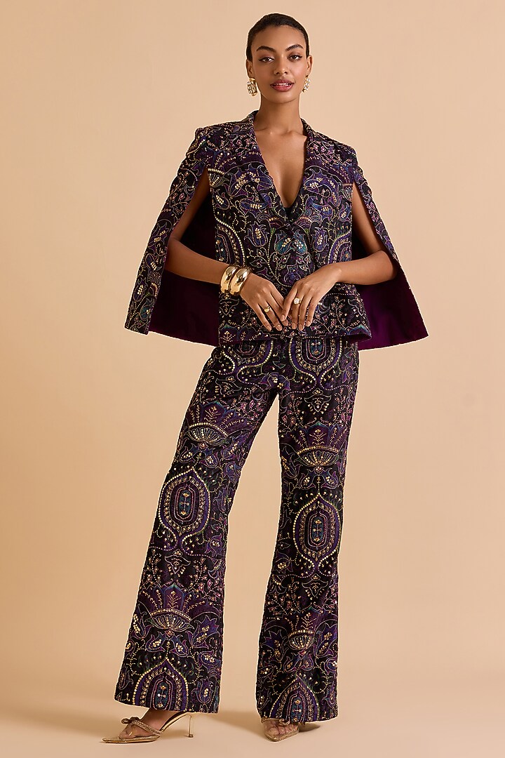 Purple Velvet Sequins Wide-Leg Pants by Verb by Pallavi Singhee at Pernia's Pop Up Shop