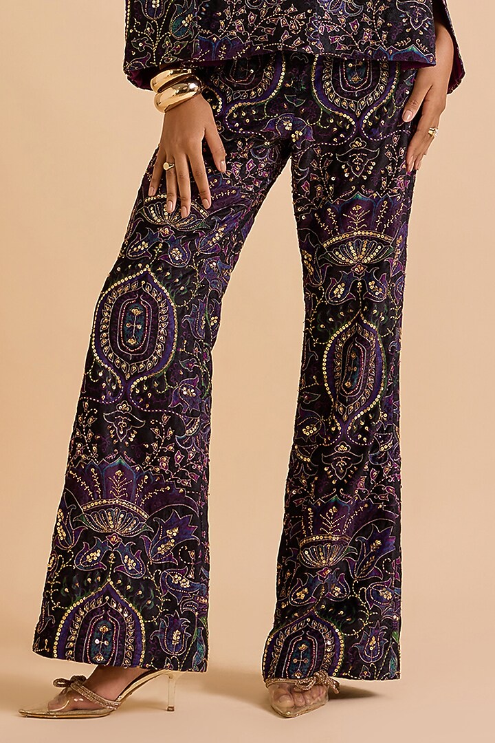 Purple Velvet Sequins Wide-Leg Pants by Verb by Pallavi Singhee at Pernia's Pop Up Shop