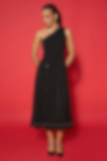 Black Mesh Twill One-Shoulder Midi Summer Dress by Verb by Pallavi Singhee at Pernia's Pop Up Shop