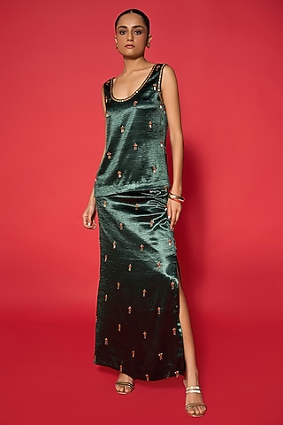 Emerald Green Lido Satin Hand Embroidered Skirt by Verb by Pallavi Singhee