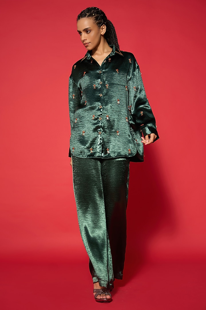 Emerald Green Lido Satin Button-Down Shirt by Verb by Pallavi Singhee at Pernia's Pop Up Shop