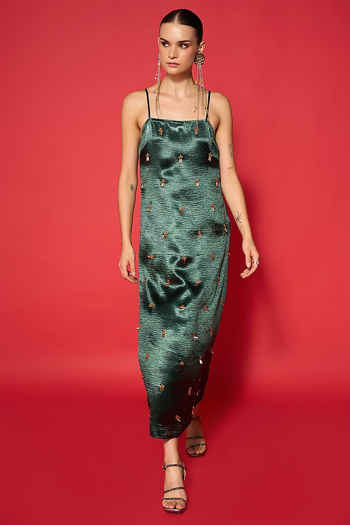 Emerald Green Lido Satin Embroidered Slip Summer Dress by Verb by Pallavi Singhee at Pernia's Pop Up Shop