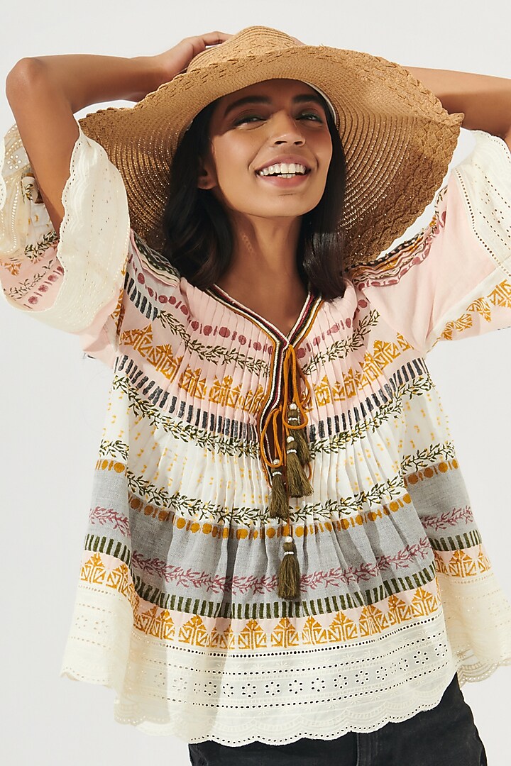 Ivory Cotton Printed Blouse by Verb by Pallavi Singhee at Pernia's Pop Up Shop