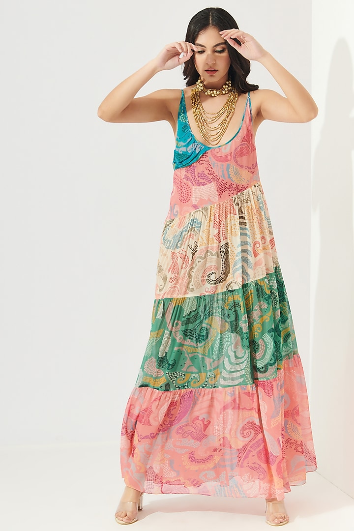 Multi-Colored Printed Tiered Dress by Verb by Pallavi Singhee
