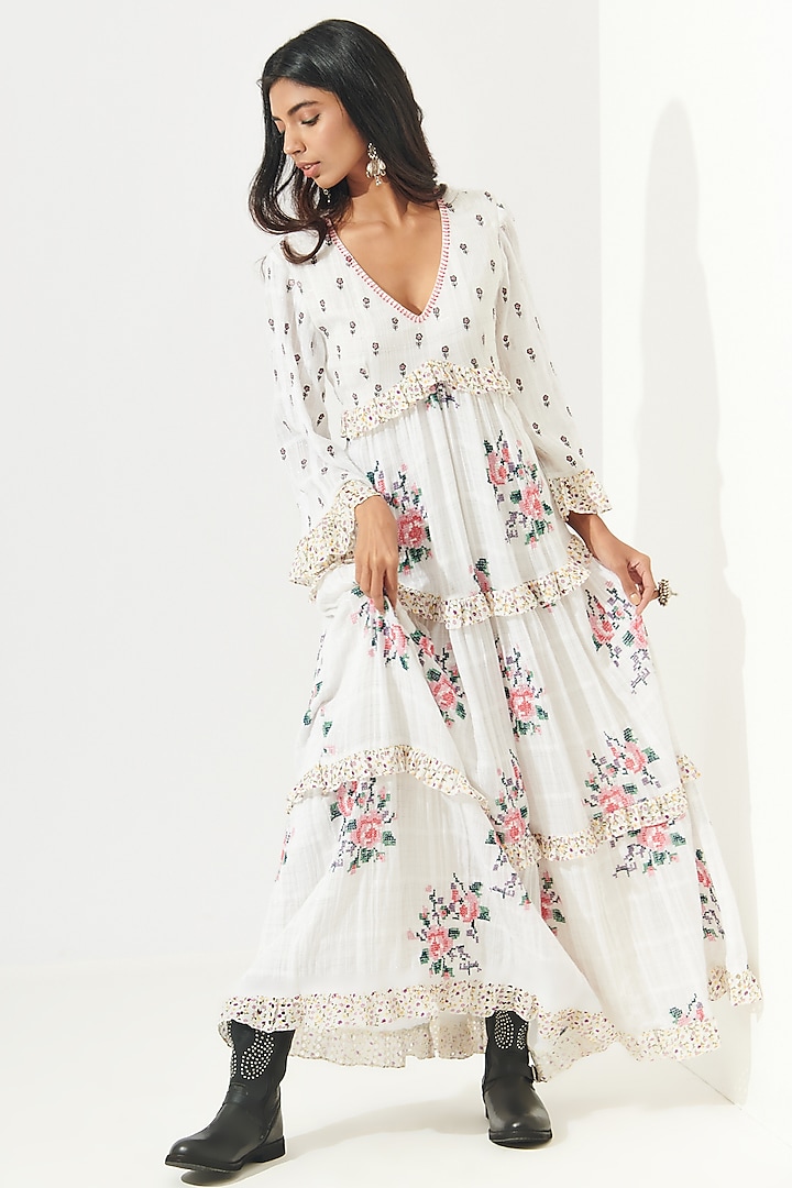 Ivory Cotton Ruffled Maxi Dress by Verb by Pallavi Singhee