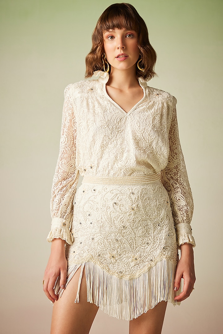 Ivory Viscose Embroidered Skirt Set by Verb by Pallavi Singhee