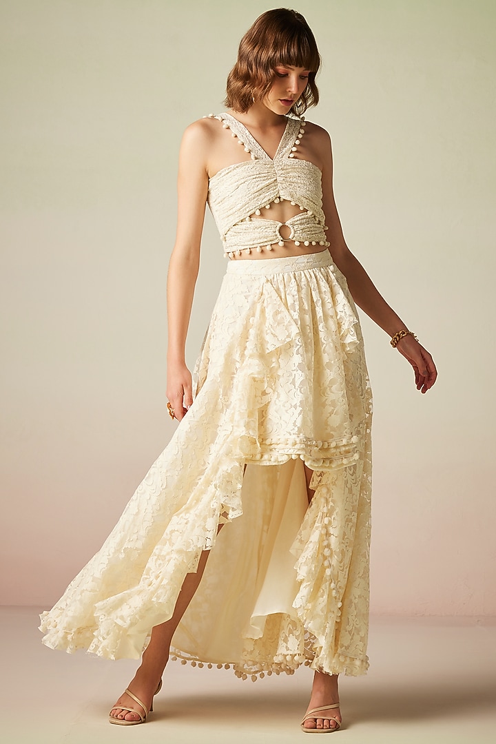 Ivory Viscose Asymmetrical Skirt Set by Verb by Pallavi Singhee at Pernia's Pop Up Shop