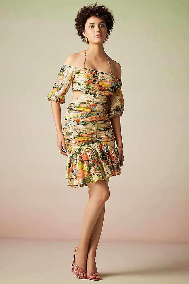 Multi-Colored Viscose Lurex Georgette Printed Ruched Dress by Verb by Pallavi Singhee