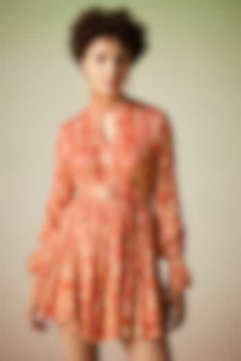 Orange Viscose Lurex Georgette Printed Mini Dress by Verb by Pallavi Singhee
