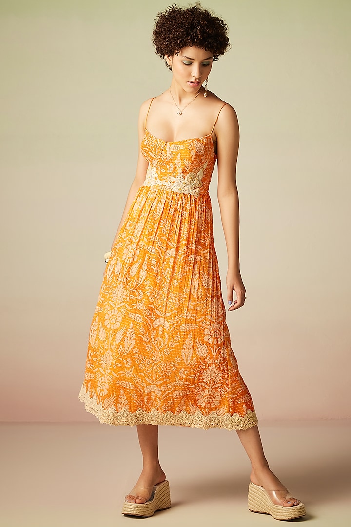 Orange Sequins Georgette Printed Spaghetti Dress by Verb by Pallavi Singhee
