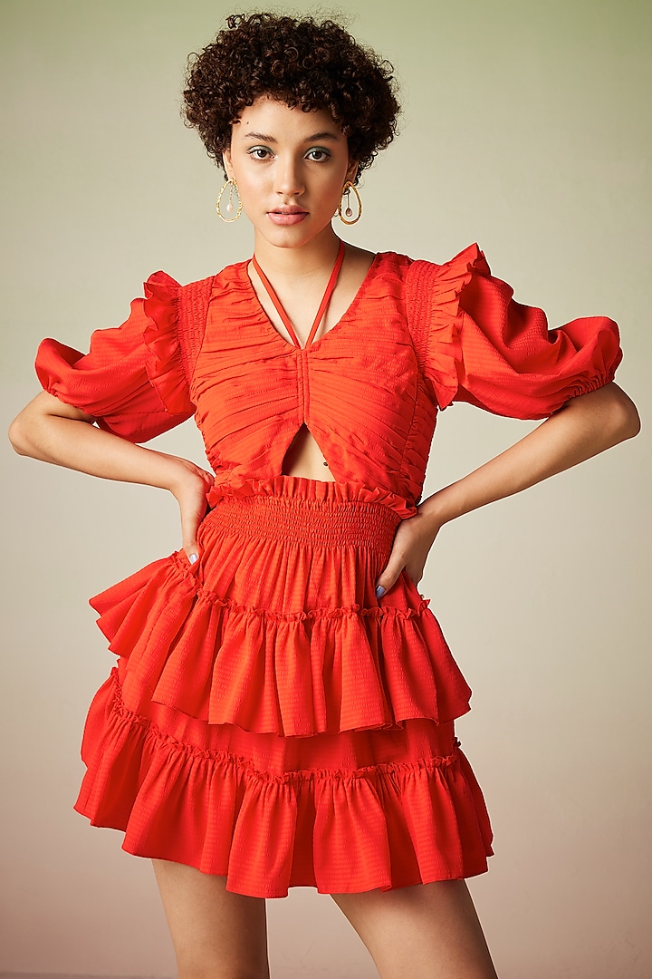 Red Polyester Ruched Mini Dress by Verb by Pallavi Singhee