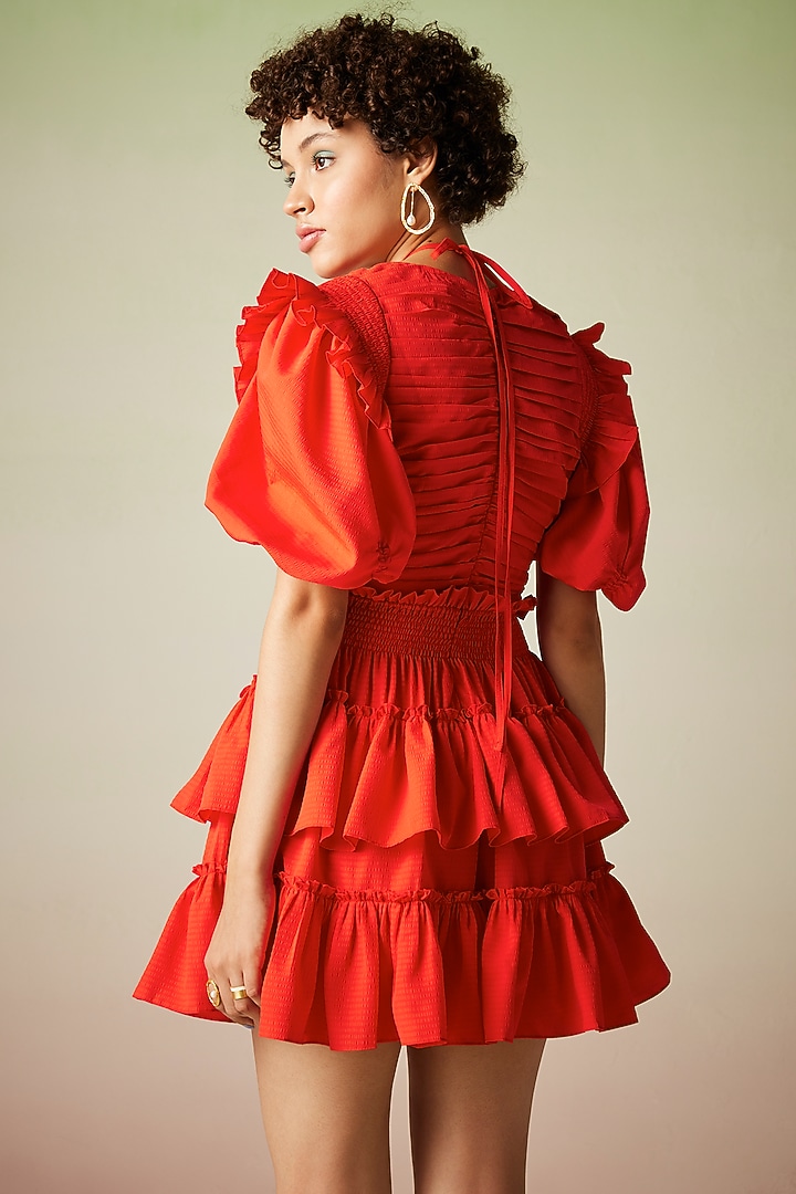 Red Polyester Ruched Mini Summer Dress by Verb by Pallavi Singhee at Pernia's Pop Up Shop