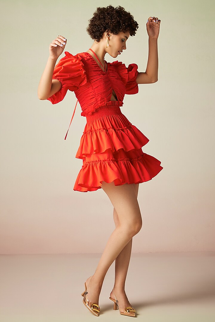 Red Polyester Ruched Mini Summer Dress by Verb by Pallavi Singhee at Pernia's Pop Up Shop