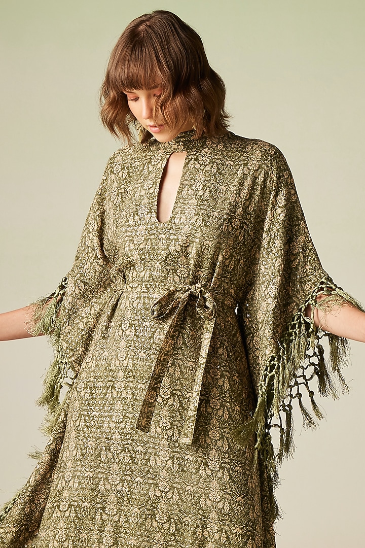 olive green kaftan dress Olive Green Sequin Georgette Printed Kaftan Dress Design by Verb by Pallavi  Singhee at Pernia's Pop Up Shop 2026