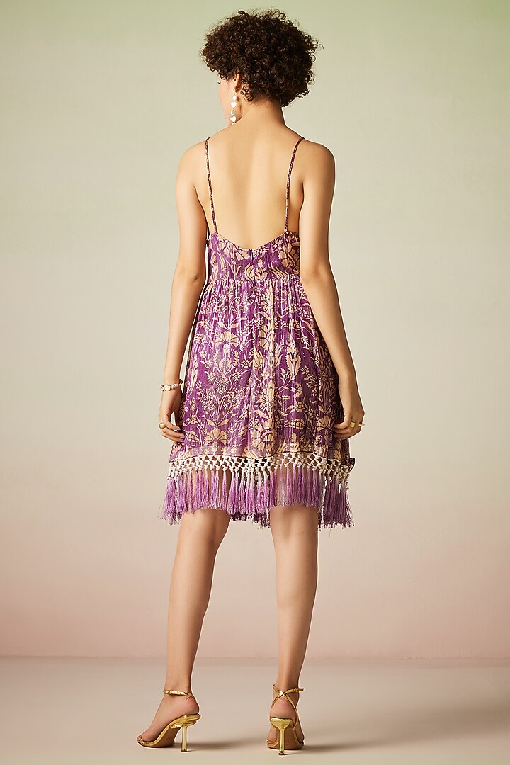 Mauve Viscose Lurex Georgette Printed Spaghetti Mini Summer Dress by Verb by Pallavi Singhee at Pernia's Pop Up Shop