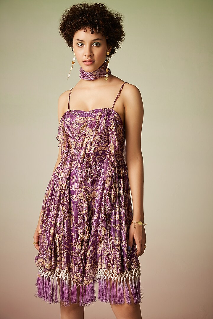 Mauve Viscose Lurex Georgette Printed Spaghetti Mini Summer Dress by Verb by Pallavi Singhee at Pernia's Pop Up Shop