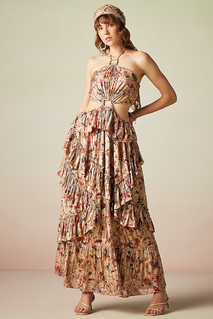 Multi-Colored Viscose Lurex Georgette Printed Frilled Dress by Verb by Pallavi Singhee