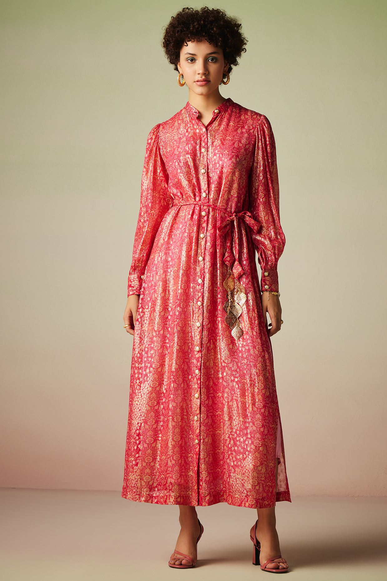Pink Viscose Lurex Georgette Printed Kaftan Summer Dress with Belt by Verb by Pallavi Singhee at Pernia's Pop Up Shop