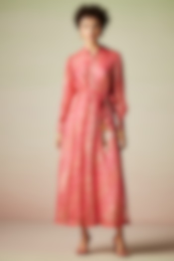 Pink Viscose Lurex Georgette Printed Kaftan Dress with Belt by Verb by Pallavi Singhee