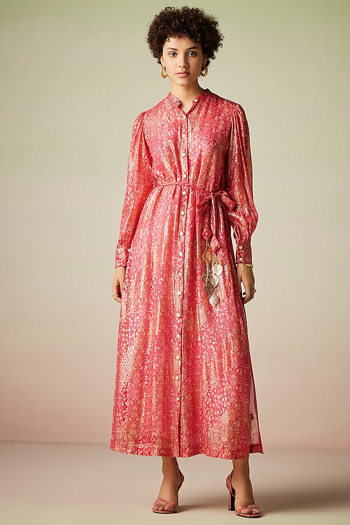 Pink Viscose Lurex Georgette Printed Kaftan Dress with Belt by Verb by Pallavi Singhee